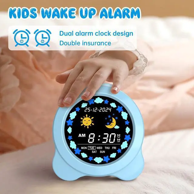 Alt view image 3 of 7 - Kids Alarm Clock, Sun & Moon LED Display with Day & Date, Children's Sleep Trainer with Night Light & Sleep Sounds, Cute Wake Up Clock for Kids Bedroom, Easy to Use Birthday Gift for Boy and Girls