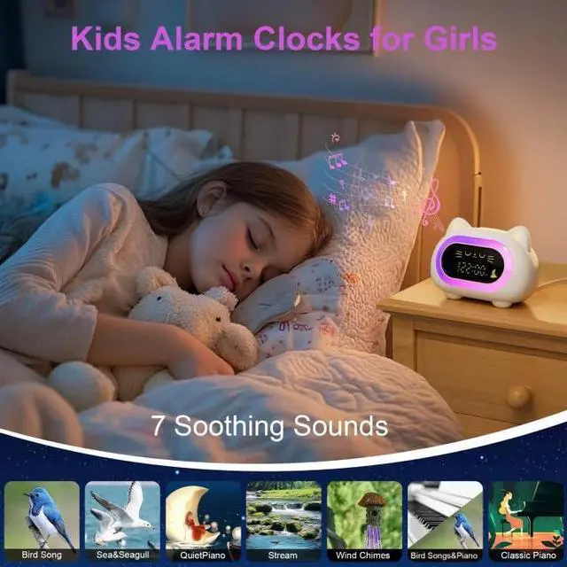 Alt view image 5 of 7 - Alarm Clock for Kids, Ok to Wake Clock for Kids, Cute Cat Kids Alarm Clock for Girls Boys Toddler, Kids Clock with 10 Night Lights, 7 Soothing Sounds, Auto-Off Timer, Child Lock, Cream White
