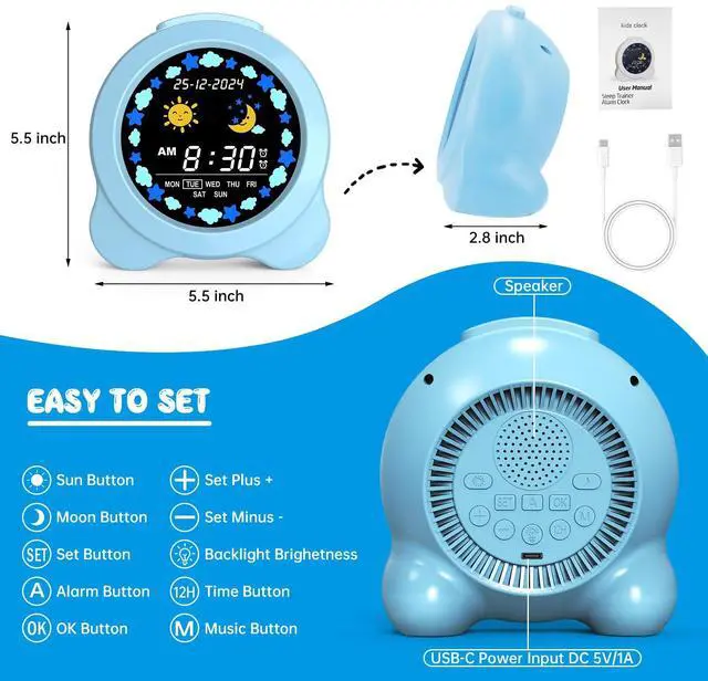 Alt view image 6 of 7 - Kids Alarm Clock, Sun & Moon LED Display with Day & Date, Children's Sleep Trainer with Night Light & Sleep Sounds, Cute Wake Up Clock for Kids Bedroom, Easy to Use Birthday Gift for Boy and Girls