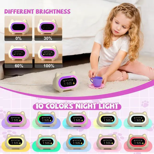 Alt view image 4 of 7 - Alarm Clock for Kids, Ok to Wake Clock for Kids, Cute Cat Kids Alarm Clock for Girls Boys Toddler, Kids Clock with 10 Night Lights, 7 Soothing Sounds, Auto-Off Timer, Child Lock, Cream White