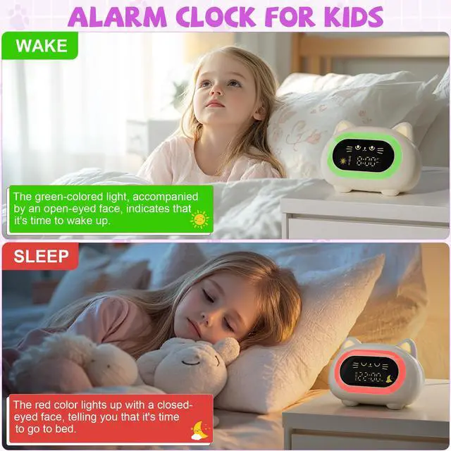 Alt view image 2 of 7 - Alarm Clock for Kids, Ok to Wake Clock for Kids, Cute Cat Kids Alarm Clock for Girls Boys Toddler, Kids Clock with 10 Night Lights, 7 Soothing Sounds, Auto-Off Timer, Child Lock, Cream White