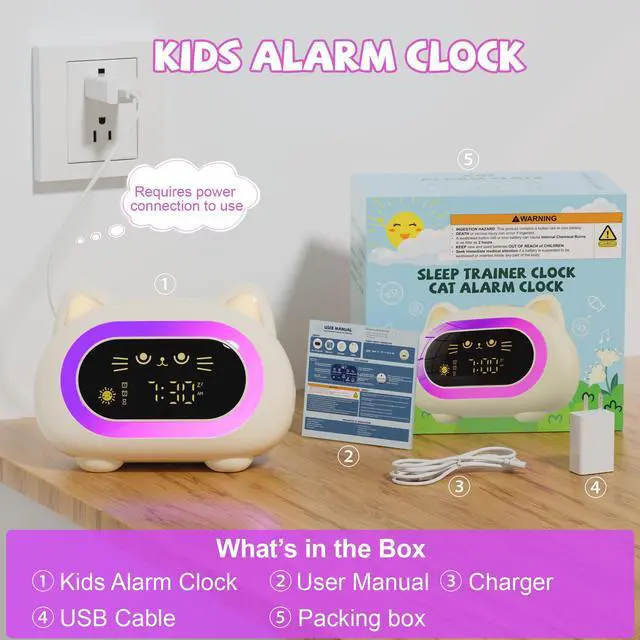 Alt view image 7 of 7 - Alarm Clock for Kids, Ok to Wake Clock for Kids, Cute Cat Kids Alarm Clock for Girls Boys Toddler, Kids Clock with 10 Night Lights, 7 Soothing Sounds, Auto-Off Timer, Child Lock, Cream White