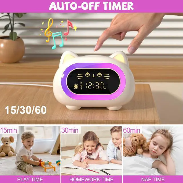 Alt view image 6 of 7 - Alarm Clock for Kids, Ok to Wake Clock for Kids, Cute Cat Kids Alarm Clock for Girls Boys Toddler, Kids Clock with 10 Night Lights, 7 Soothing Sounds, Auto-Off Timer, Child Lock, Cream White