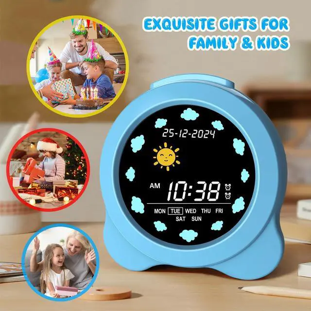 Alt view image 7 of 7 - Kids Alarm Clock, Sun & Moon LED Display with Day & Date, Children's Sleep Trainer with Night Light & Sleep Sounds, Cute Wake Up Clock for Kids Bedroom, Easy to Use Birthday Gift for Boy and Girls
