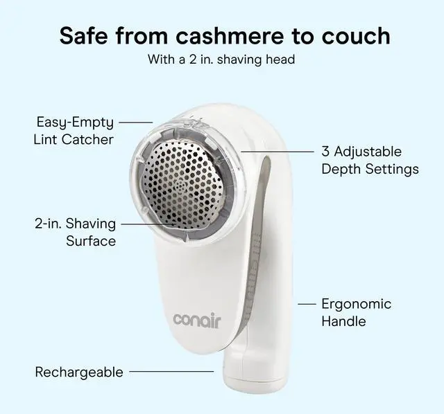 Alt view image 4 of 7 - Fabric Shaver and Lint Remover, Rechargeable Portable Clothes Shaver with 3 Settings, Fuzz Remover for Sweaters, Clothing, and Furniture, Large 2-Inch Shaving Head, White