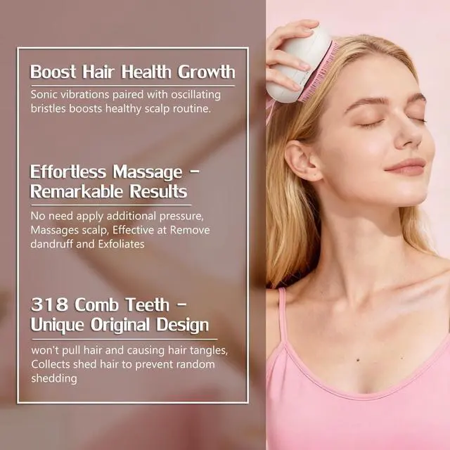 Alt view image 3 of 7 - Scalp Massager Hair Growth - Electric Head Massager Brush - Unique Birthday Gifts for Women - Sonic Vibration Comb for Stimulating Follicles - Relax Scalp Stress for Mom - Pink
