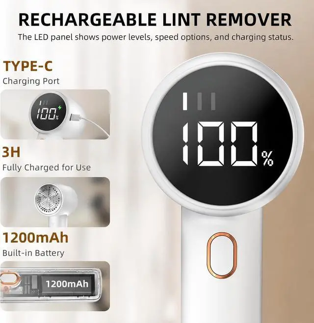 Alt view image 3 of 6 - Fabric Shaver, Lint Remover Rechargeable, Electric Portable Sweater Defuzzer with 3 Speeds, 6 Leaf Blades, Digital LED Display to Remove Pilling for Clothes, Furniture, Sweater, Couch, Blanket