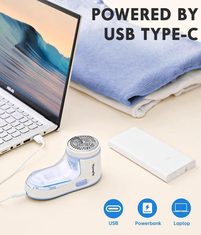 Alt view image 7 of 7 - Fabric Shaver Rechargeable, Electric Lint Remover for Clothes & Furniture, Sweater Shaver & Pilling Remover, Depiller with 2 Extra Blades Included, Lint Shaver for Clothing - USB Charge