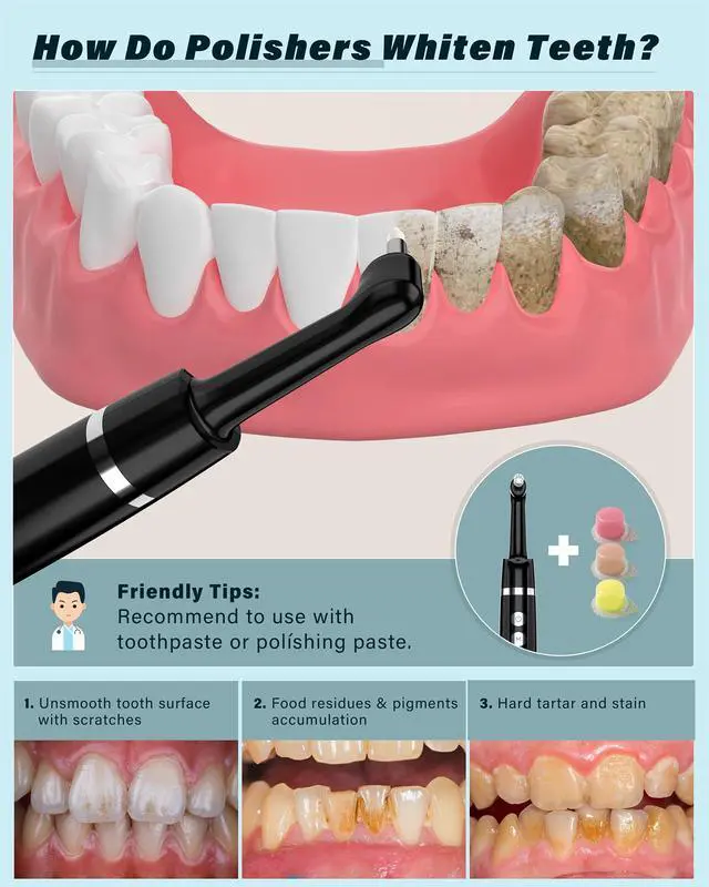 Alt view image 2 of 7 - Tooth Polisher, Rechargeable Tooth Whitening Kit for Teeth Cleaning and Whitening, with 3 Tooth Polish Paste and 5 Brush Heads, LED Light, Easy to Use at-Home Personal Dental Care Kit (Black)