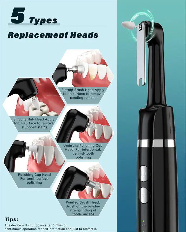 Alt view image 3 of 7 - Tooth Polisher, Rechargeable Tooth Whitening Kit for Teeth Cleaning and Whitening, with 3 Tooth Polish Paste and 5 Brush Heads, LED Light, Easy to Use at-Home Personal Dental Care Kit (Black)