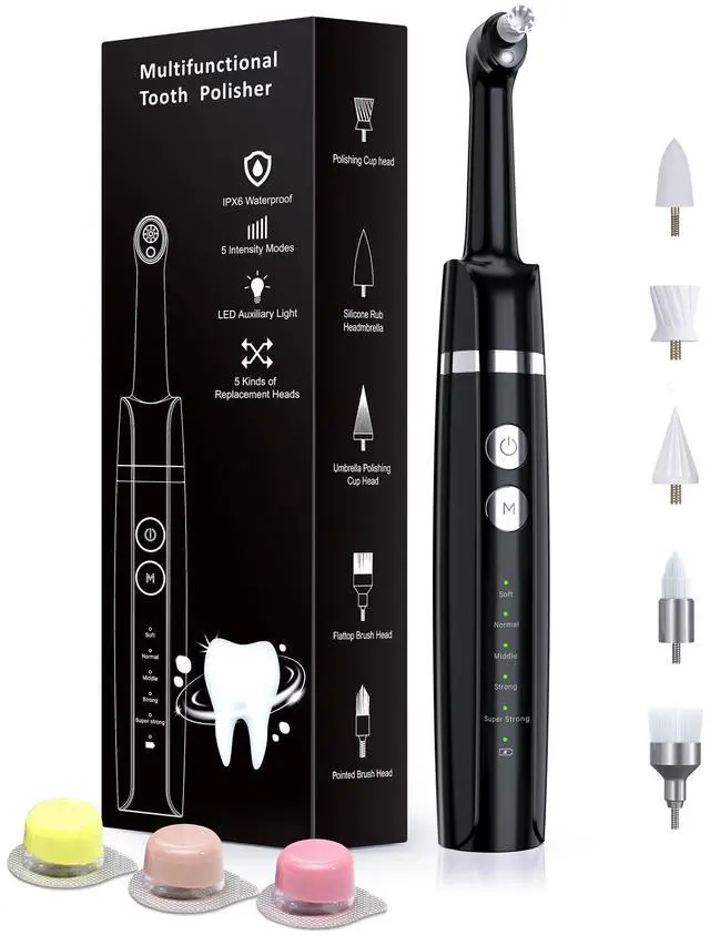 Main image of Tooth Polisher, Rechargeable Tooth Whitening Kit for Teeth Cleaning and Whitening, with 3 Tooth Polish Paste and 5 Brush Heads, LED Light, Easy to Use at-Home Personal Dental Care Kit (Black)