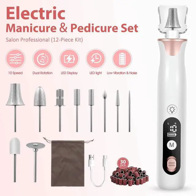 Alt view image 2 of 7 - Electric Nail Drill File, Cordless Electric Nail Filer Buffer with Nail Drill Bits Sanding Bands Professional Manicure Pedicure Set for Nail Grind Trim Polish, for Women & Men