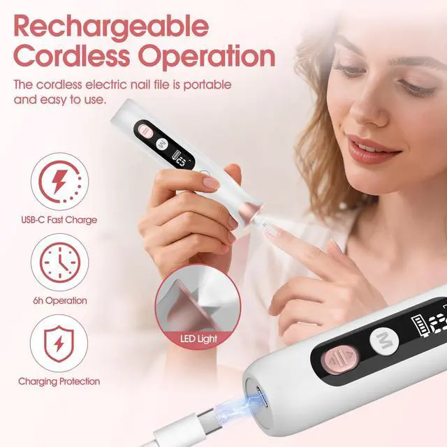 Alt view image 5 of 7 - Electric Nail Drill File, Cordless Electric Nail Filer Buffer with Nail Drill Bits Sanding Bands Professional Manicure Pedicure Set for Nail Grind Trim Polish, for Women & Men