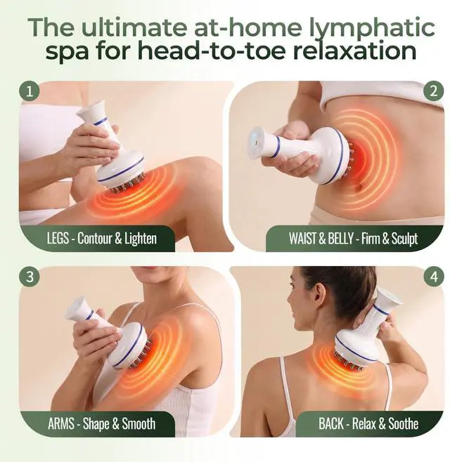 Alt view image 5 of 7 - Lymphatic Drainage Cellulite Massager: 4-in-1 Electric Gua Sha Meridian Brush with 25 Zinc Alloy Teardrop Nodes, 30 Levels, Heated Red Light Vibration for Body Sculpting, Fascia Relief