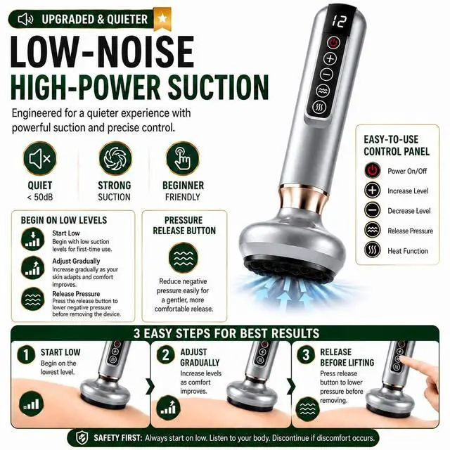 Alt view image 4 of 6 - Electric Deep Tissue Massage Tool for Pain Relief, Lymphatic Drainage & Cellulite Roller, LowNoise HighPower Suction Guasha Massager Device for Full Body, Adjustable Levels for Neck Back Legs Arms