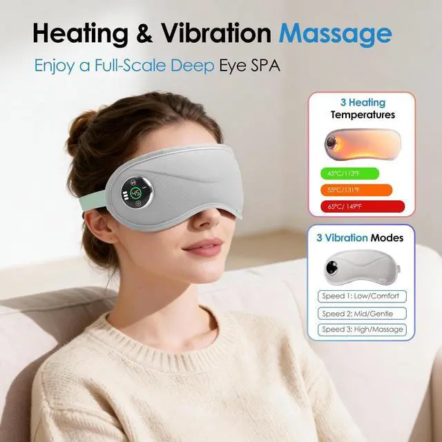 Alt view image 2 of 7 - Cordless Heated Eye Mask with Massager, Warm Compress for Eyes, 3D Contoured Light-Blocking Eye Mask for Dry Eyes, LED Display, 3 Heat & Vibration Modes, Home, Office & Travel