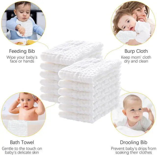 Alt view image 4 of 7 - 12 Pack Muslin Burp Cloths 100% Cotton Muslin Cloths Large 20''x10'' Extra Soft and Absorbent Baby Burping Cloth - White