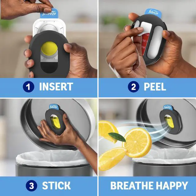 Alt view image 5 of 7 - Febreze Trash Odor Fighter, Trash Can Air Freshener, Stick-On Deodorizer for Garbage Cans, Diaper Pails, Works with Scented Trash Bags, Fresh Lemon and Linen & Sky Scents, 2 Holders + 2 Refills