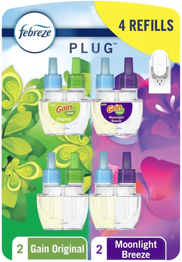 Main image of Febreze Plug In Air Freshener, Odor-Fighting Scented Oil Refill, For Home, Bathroom, & Kitchen, Long Lasting, Gain Moonlight Breeze and Gain Original Scents, 0.87oz Refills, 4 Count (2 of Each Scent)