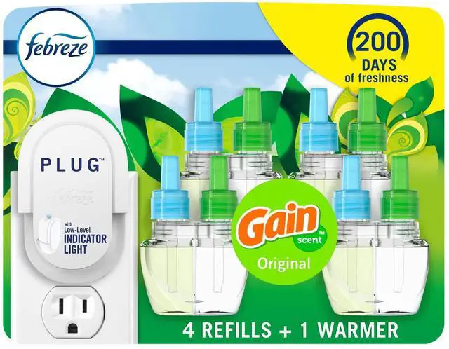 Main image of Febreze Plug-In Air Freshener, Odor-Fighting Scented Oil Starter Kit, Air Fresheners for Home, Bathroom and Kitchen, Long Lasting, Gain Original Scent, Warmer + 4 Refill, Multicolor