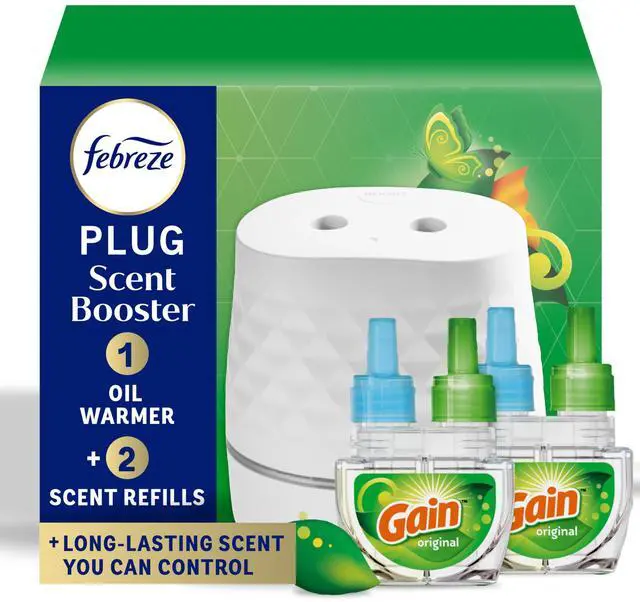 Main image of Febreze Plug Scent Booster Starter Kit Air Freshener, Oil Diffuser, Continuous Scent Device, Includes 2 Gain Refills