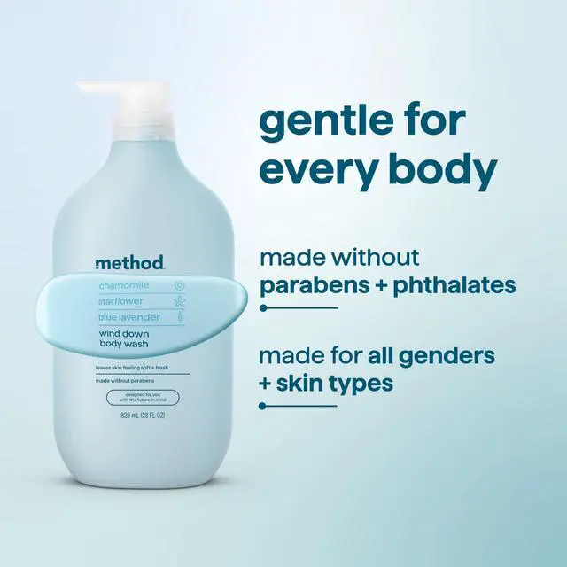 Alt view image 6 of 7 - method Body Wash, Wind Down - Leaves Skin Feeling Soft & Moisturized, Made Without Parabens, Notes of Chamomile, Starflower & Blue Lavender, 28 Fl Oz