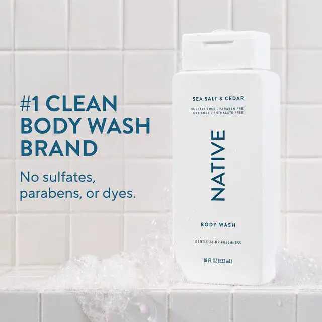 Alt view image 2 of 7 - Native Sea Salt & Cedar Scent 24-Hr Refreshing Clean Body Wash for Men & Women, for All Skin Types Incl. Sensitive, Leaves Skin Feeling Clean & Soft, Free of Phthalates, Sulfates & Parabens, 18 oz