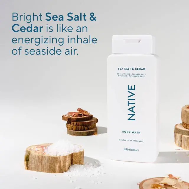 Alt view image 5 of 7 - Native Sea Salt & Cedar Scent 24-Hr Refreshing Clean Body Wash for Men & Women, for All Skin Types Incl. Sensitive, Leaves Skin Feeling Clean & Soft, Free of Phthalates, Sulfates & Parabens, 18 oz