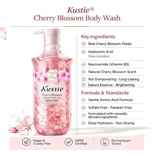 Alt view image 4 of 7 - Kustie Cherry Blossom Body Wash, Low pH Amino Acid Shower Gel with