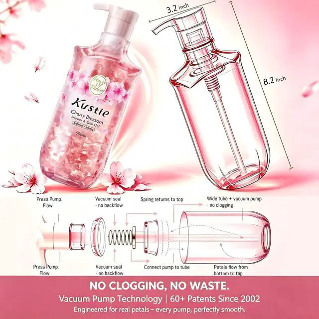 Alt view image 7 of 7 - Kustie Cherry Blossom Body Wash, Low pH Amino Acid Shower Gel with