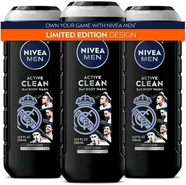 Main image of NIVEA MEN Real Madrid Limited Edition Design Active Clean Body Wash with Natural Charcoal for Normal to Oily Skin, 3-in-1 Charcoal Body Wash, Face and Hair, 16.9 Fl Oz Bottle, Pack of 3