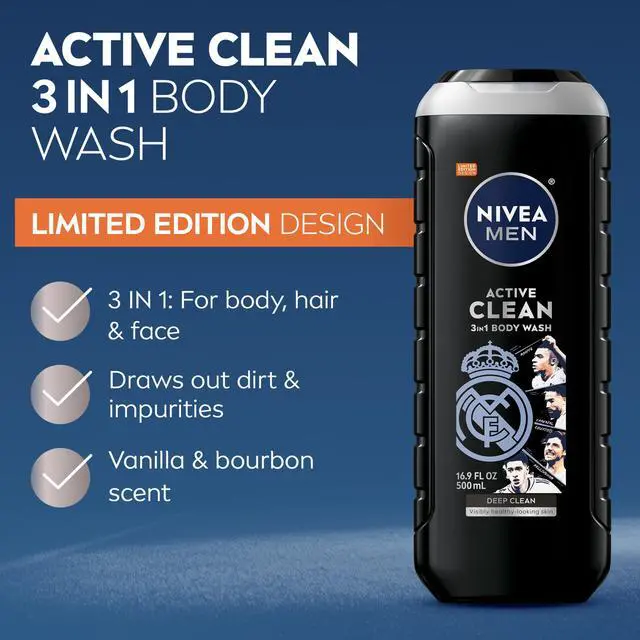 Alt view image 3 of 7 - NIVEA MEN Real Madrid Limited Edition Design Active Clean Body Wash with Natural Charcoal for Normal to Oily Skin, 3-in-1 Charcoal Body Wash, Face and Hair, 16.9 Fl Oz Bottle, Pack of 3