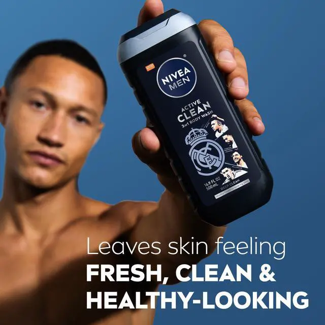 Alt view image 4 of 7 - NIVEA MEN Real Madrid Limited Edition Design Active Clean Body Wash with Natural Charcoal for Normal to Oily Skin, 3-in-1 Charcoal Body Wash, Face and Hair, 16.9 Fl Oz Bottle, Pack of 3
