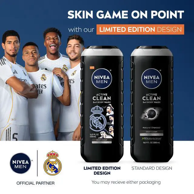 Alt view image 2 of 7 - NIVEA MEN Real Madrid Limited Edition Design Active Clean Body Wash with Natural Charcoal for Normal to Oily Skin, 3-in-1 Charcoal Body Wash, Face and Hair, 16.9 Fl Oz Bottle, Pack of 3