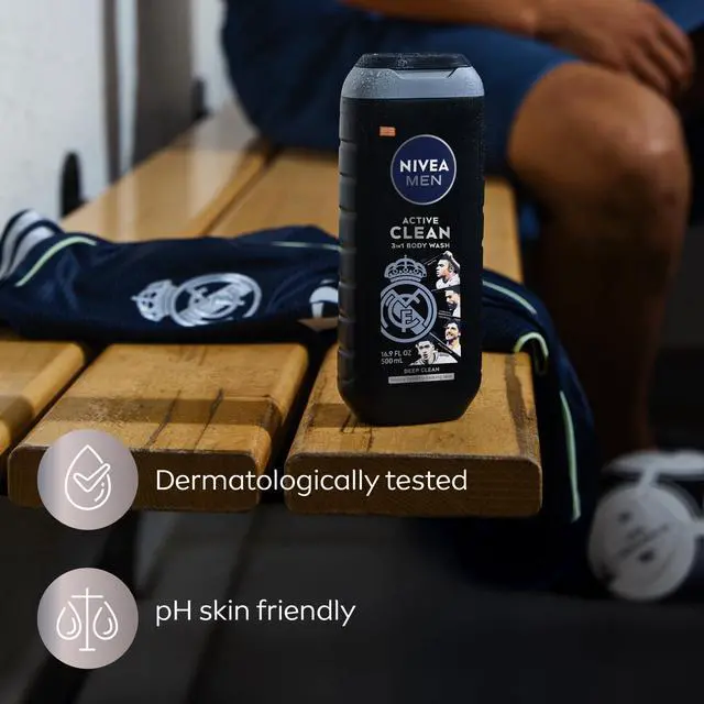 Alt view image 7 of 7 - NIVEA MEN Real Madrid Limited Edition Design Active Clean Body Wash with Natural Charcoal for Normal to Oily Skin, 3-in-1 Charcoal Body Wash, Face and Hair, 16.9 Fl Oz Bottle, Pack of 3
