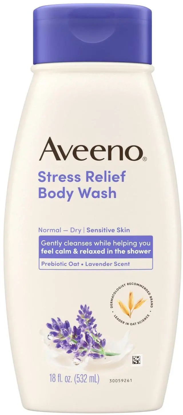Main image of Aveeno Stress Relief Body Wash with Nourishing Oat & Lavender Scent for Sensitive Skin, Gently Cleanses & Helps You Feel Calm & Relaxed in the Shower, Soap-Free, 18 fl. oz