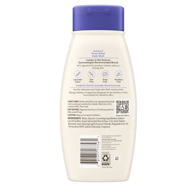 Alt view image 5 of 5 - Aveeno Stress Relief Body Wash with Nourishing Oat & Lavender Scent for Sensitive Skin, Gently Cleanses & Helps You Feel Calm & Relaxed in the Shower, Soap-Free, 18 fl. oz