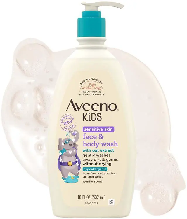 Main image of Aveeno Kids Sensitive Skin Face & Body Wash, Nourishing Oat Extract, Wash Away Dirt and Germs Without Drying, Kids Body Wash is Tear-Free, Hypoallergenic, Sulfate- & Dye-Free, 18 Fl Oz