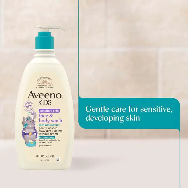 Alt view image 5 of 7 - Aveeno Kids Sensitive Skin Face & Body Wash, Nourishing Oat Extract, Wash Away Dirt and Germs Without Drying, Kids Body Wash is Tear-Free, Hypoallergenic, Sulfate- & Dye-Free, 18 Fl Oz