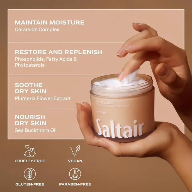 Alt view image 7 of 7 - Multi-Lipid Body Butter - Rich, Nourishing Hydrating Body Cream with Ceramide Complex, Coconut Oil, Shea Butter, and Sea Buckthorn. Moisturizing Dry Skin Care. 10oz Jar - Santal Bloom
