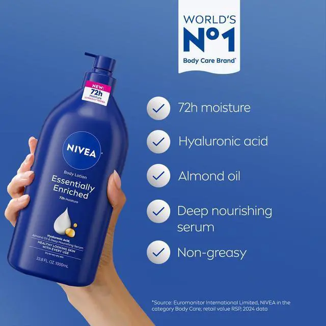 Alt view image 3 of 7 - Essentially Enriched Body Lotion for Very Dry Skin with Hyaluronic Acid, Almond Oil and Deep Nourishing Serum, 72-Hour Body Moisturizer, 33.8 Fl Oz Value Size Pump Bottle
