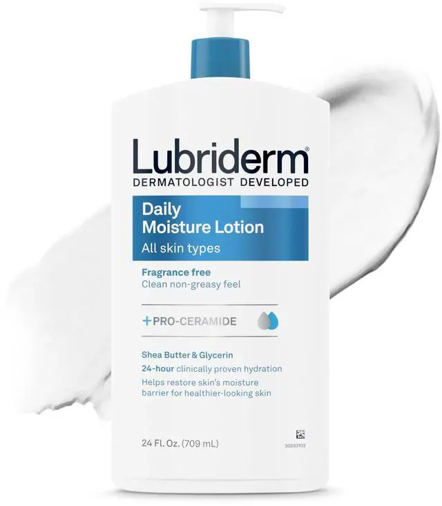 Main image of Fragrance Free Daily Moisture Body Lotion + Pro-Ceramide, Unscented Lotion, Body Lotion for Dry Skin, Shea Butter, Glycerin, Non-Greasy 24-Hour Moisturizer, Paraben & Dye Free, 24 Fl Oz