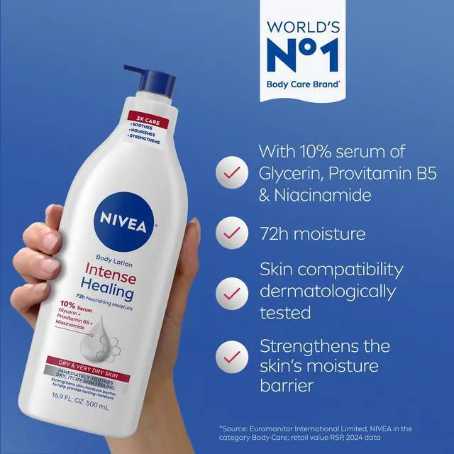 Alt view image 3 of 7 - Intense Healing Body Lotion for Very Dry, Itchy Skin with Glycerin, Provitamin B5 and Niacinamide, 72-Hour Body Moisturizer, 16.9 Fl Oz Pump Bottle
