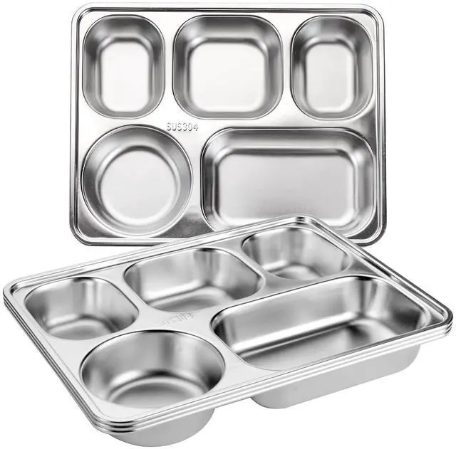 Main image of 3 Pack Stainless Steel Rectangular Divided Plates Tray, 5 Sections Dinner Plates for Adults,Kids, Picky Eaters, Campers, and Portion Control