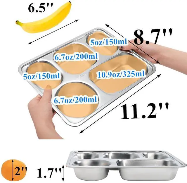 Alt view image 2 of 7 - 3 Pack Stainless Steel Rectangular Divided Plates Tray, 5 Sections Dinner Plates for Adults,Kids, Picky Eaters, Campers, and Portion Control