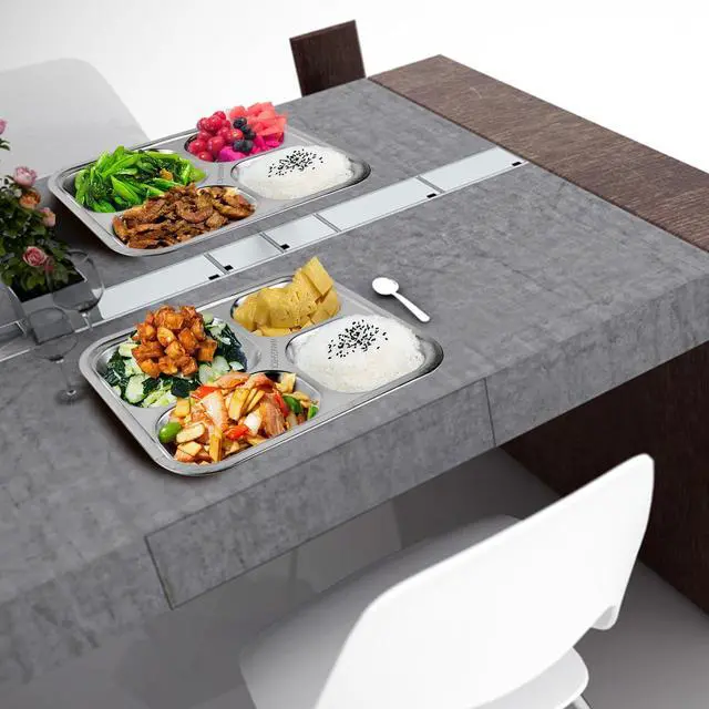 Alt view image 2 of 5 - Stainless Steel Divided Plates,2 Pack Stainless Steel Rectangular Divided Plates Tray, 4 Sections Dinner Plates for Adults,Picky Eaters, Campers, and Portion Control (2, 4 divided)
