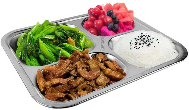 Alt view image 4 of 5 - Stainless Steel Divided Plates,2 Pack Stainless Steel Rectangular Divided Plates Tray, 4 Sections Dinner Plates for Adults,Picky Eaters, Campers, and Portion Control (2, 4 divided)