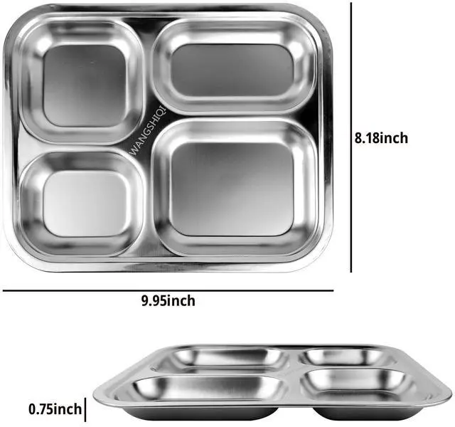 Alt view image 3 of 5 - Stainless Steel Divided Plates,2 Pack Stainless Steel Rectangular Divided Plates Tray, 4 Sections Dinner Plates for Adults,Picky Eaters, Campers, and Portion Control (2, 4 divided)