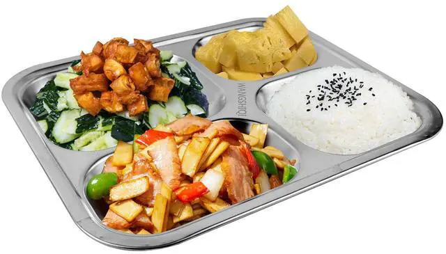 Alt view image 5 of 5 - Stainless Steel Divided Plates,2 Pack Stainless Steel Rectangular Divided Plates Tray, 4 Sections Dinner Plates for Adults,Picky Eaters, Campers, and Portion Control (2, 4 divided)