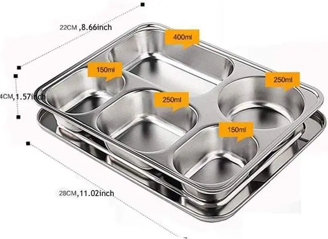 Alt view image 4 of 7 - Set of 2 Stainless Steel Rectangular Divided Plates Tray 5 Sections Dinner Plates for Adults - Unbreakable Metal Plate for Campers, and Portion Control Reusable Plate